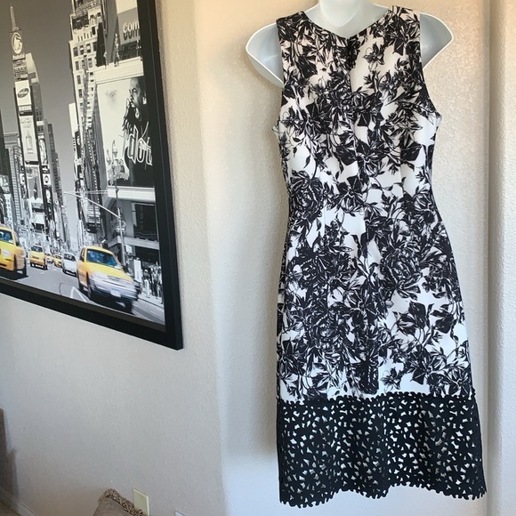 SLNY SL New York sleeveless sheath, cream, black roses, laser cut trim. 8 EUC - Picture 4 of 17